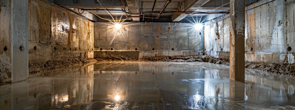 a well-lit residential basement showcases the waterproofing process, featuring exposed concrete walls as a contractor seals cracks with hydraulic cement and another installs a french drain, emphasizing the importance of effective moisture control.