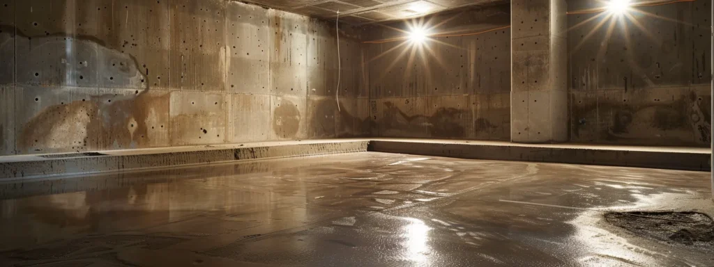 a well-lit residential basement showcases a contractor meticulously applying waterproofing membranes to exposed concrete walls, with hydraulic cement sealing cracks and a french drain being installed along the perimeter, emphasizing a clean and professional waterproofing process.