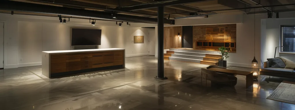 a modern boston basement, fully renovated with sleek waterproofing technology, showcases gleaming concrete floors and pristine walls, illuminated by bright overhead lights, emphasizing the transformation and security of a dry, professional space.