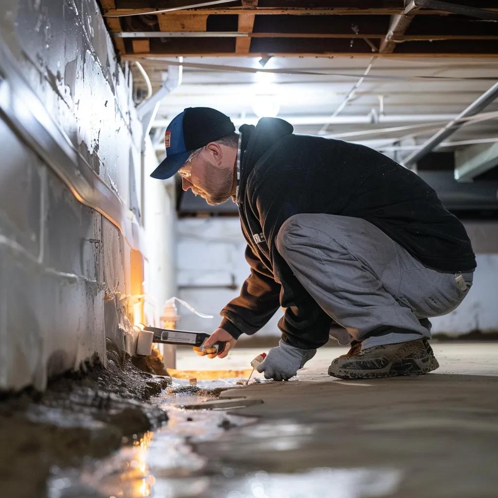 Professional contractor inspecting a Boston basement for waterproofing solutions