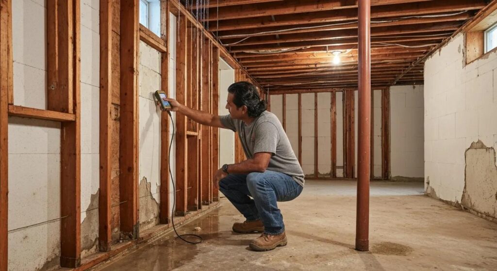 Expert examining basement water damage in a Boston home