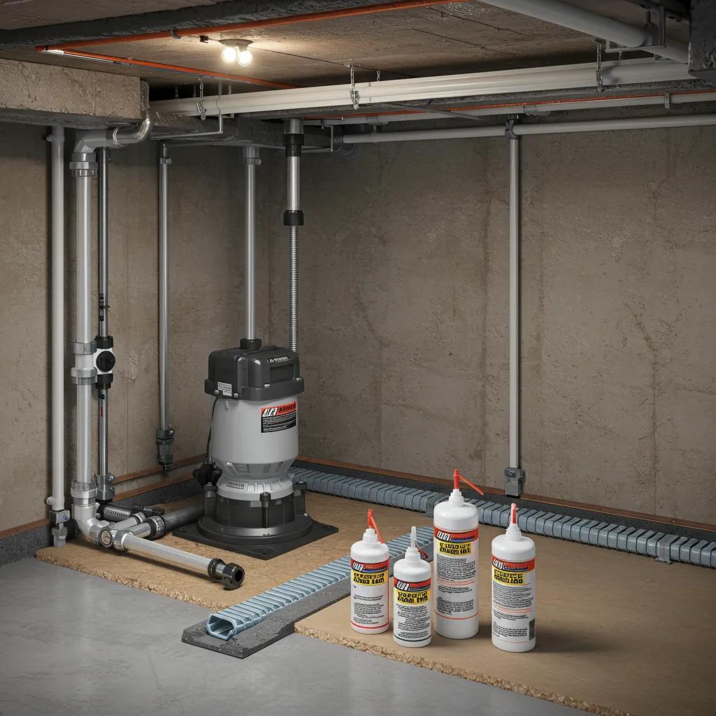 Illustration of interior basement waterproofing system showing sump pump, drainage channel, and perimeter collection