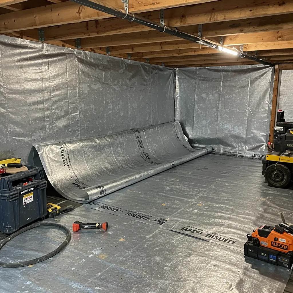 Crawl space encapsulation showing robust vapor barrier installation and sealed seams