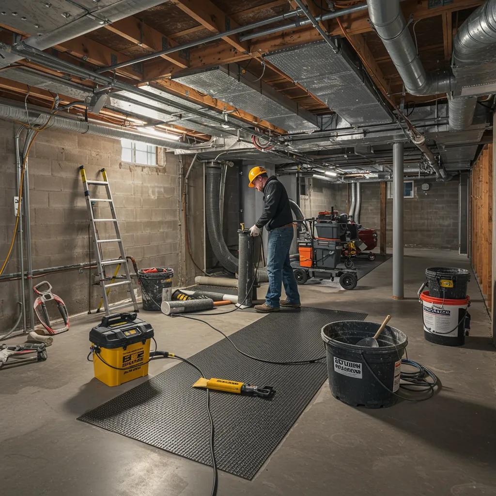 Professional basement sealing service in Boston with a technician applying waterproofing materials